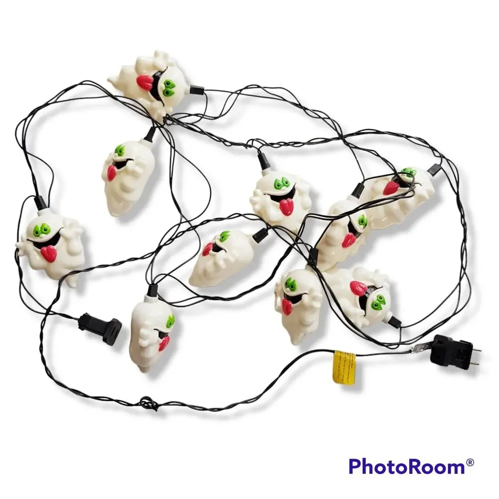 Vtg Halloween Ghost String Lights Plastic Blow Mold Set of 10 Easter Unlimited